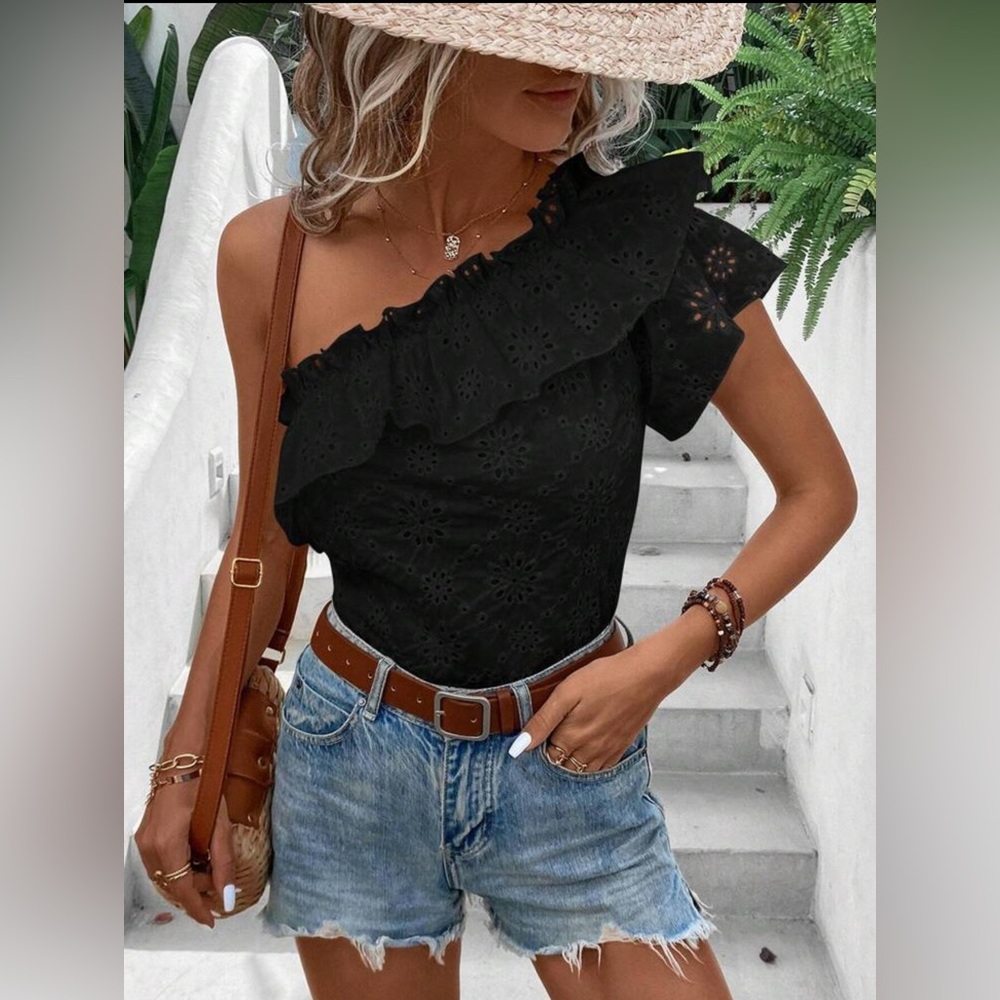 SHEIN Black One-Shoulder Eyelet Blouse